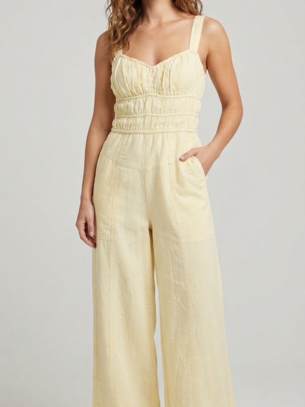 Free People Boho Light Butter Yellow Smocked Wide-Leg Jumpsuit Size XL